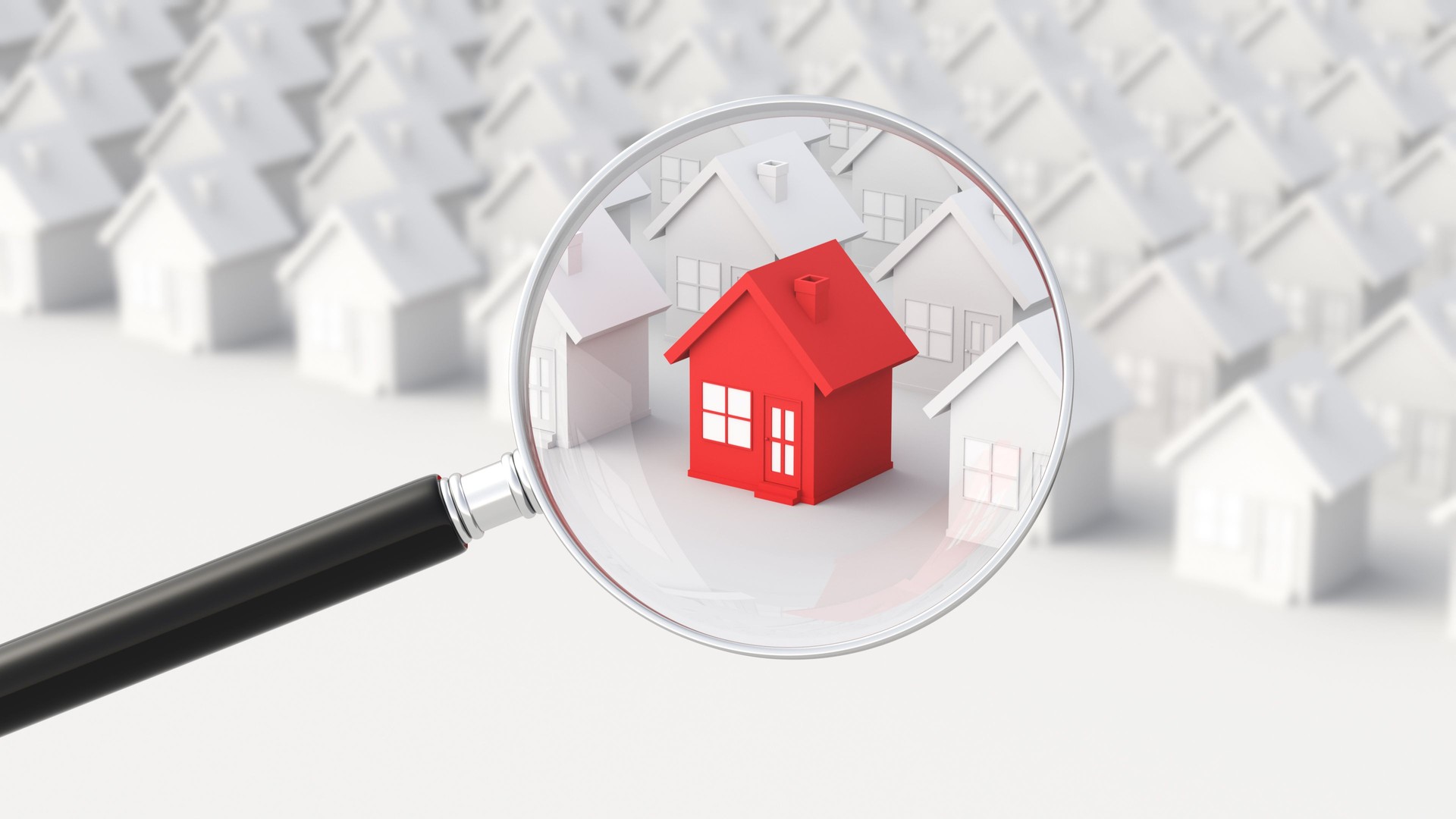 Magnifying glass with red and white house, on white background. Hunting and searching concept